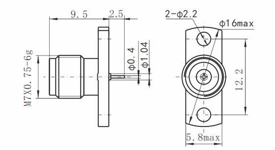 2.4mm 2 Hole Flange Female RF Connector Jack With Cylindrical Contact 0.4mm Pin Terminal