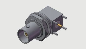 Đầu nối đồng trục cái (Jack, Ổ cắm) BNC góc phải (RA) cấp thương mại, xuyên vách, lên đến 4 GHz, dùng cho mối hàn lỗ xuyên 4 chân